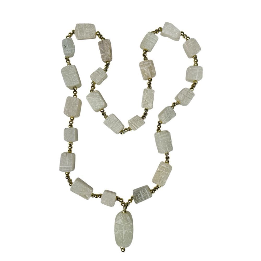 Vintage Egyptian Carved Scarab Beetle Pendant Necklace White Gold Bead Soapstone